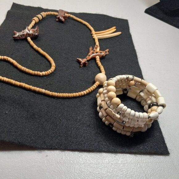 Safari Boho Wooden Animals & Beaded Necklace Wired Beaded Wood/Ceramic Bracelet - Picture 5 of 5